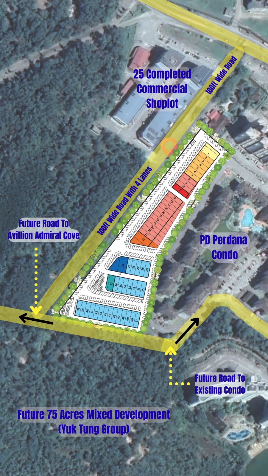 Yellow line indicates the future road connection. This route is expected to enhance accessibility and improve connectivity between M51 Avenue and the surrounding commercial and residential catchments.
