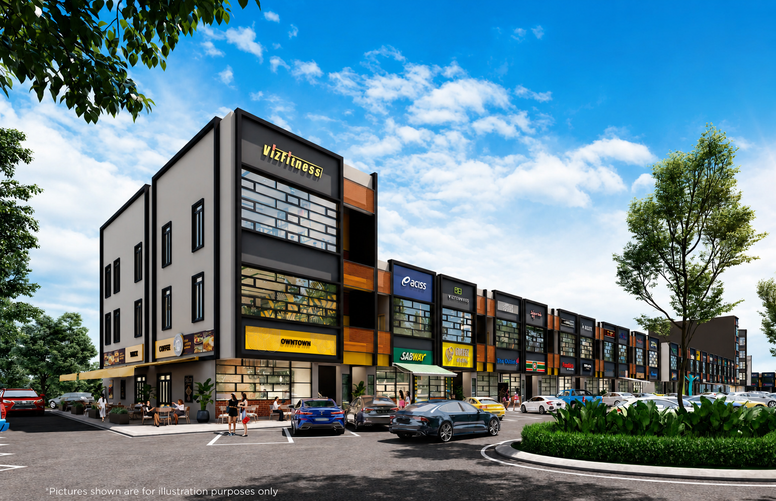 M51 Avenue commercial development at dusk